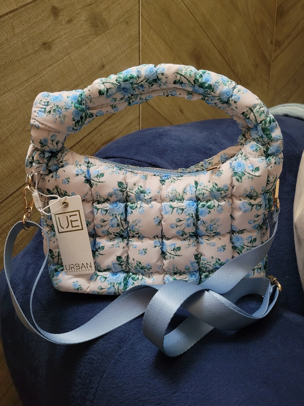 Urban Expressions Bohemian Blue Rose Floral Quilted Puffer Hobo Bag